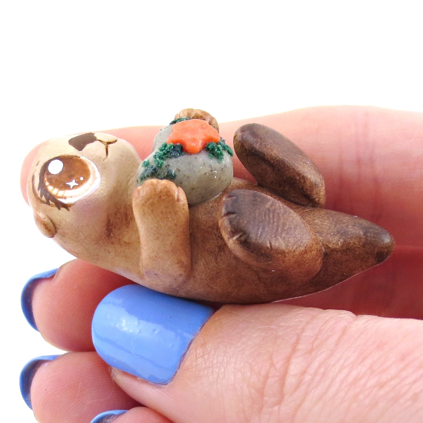 Sea Otter with Heart Rock Figurine - Polymer Clay Enchanted Ocean Animals