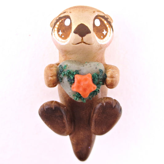 Sea Otter with Heart Rock Figurine - Polymer Clay Enchanted Ocean Animals