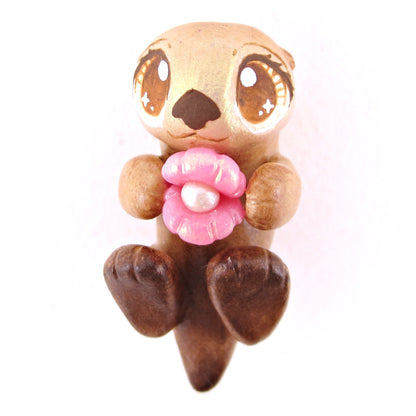 Sea Otter with Pink Seashell Figurine - Polymer Clay Enchanted Ocean Animals