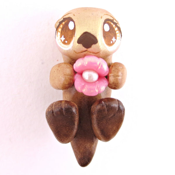 Sea Otter with Pink Seashell Figurine - Polymer Clay Enchanted Ocean Animals