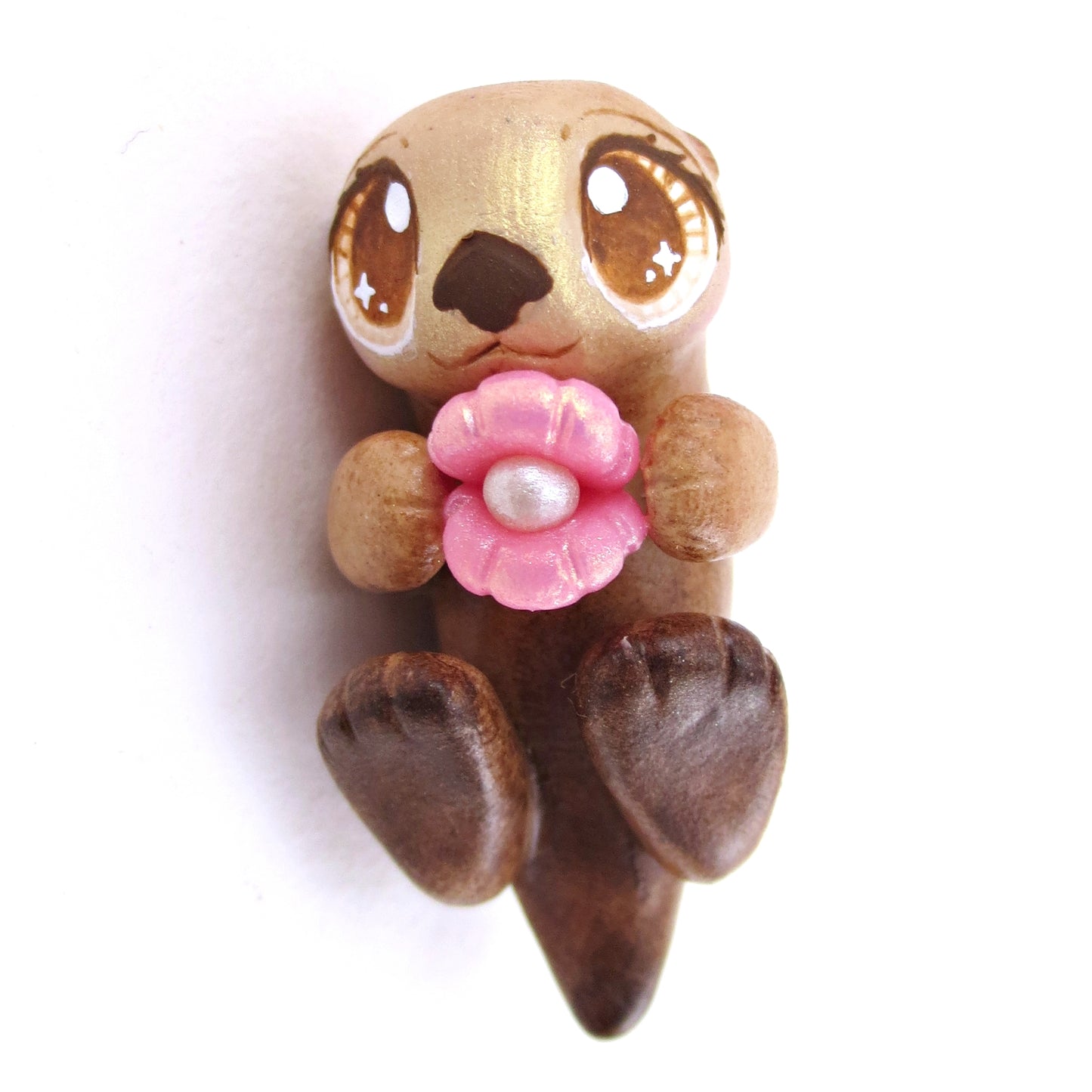 Sea Otter with Pink Seashell Figurine - Polymer Clay Enchanted Ocean Animals