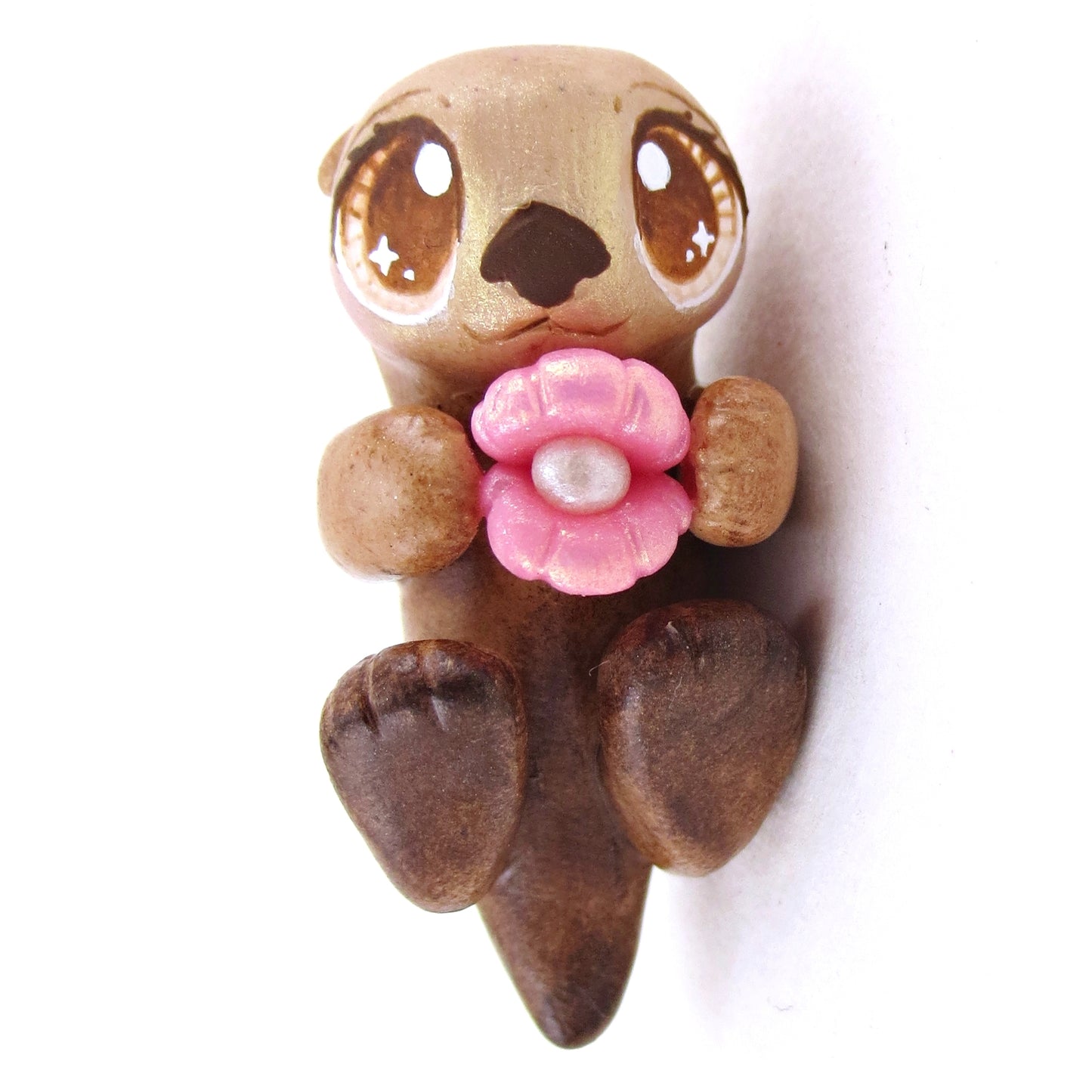 Sea Otter with Pink Seashell Figurine - Polymer Clay Enchanted Ocean Animals