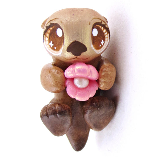 Sea Otter with Pink Seashell Figurine - Polymer Clay Enchanted Ocean Animals