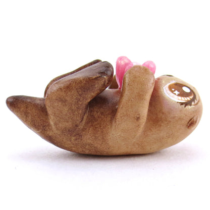 Sea Otter with Pink Seashell Figurine - Polymer Clay Enchanted Ocean Animals