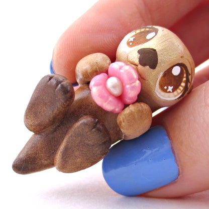 Sea Otter with Pink Seashell Figurine - Polymer Clay Enchanted Ocean Animals