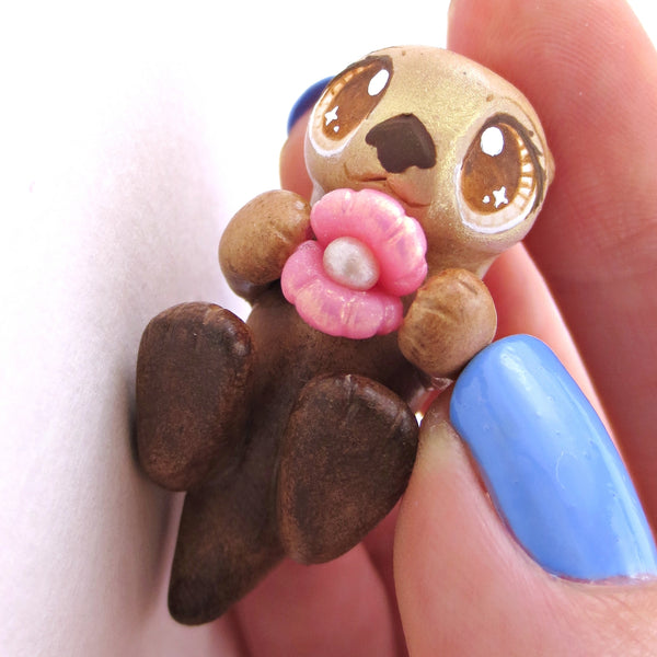 Sea Otter with Pink Seashell Figurine - Polymer Clay Enchanted Ocean Animals