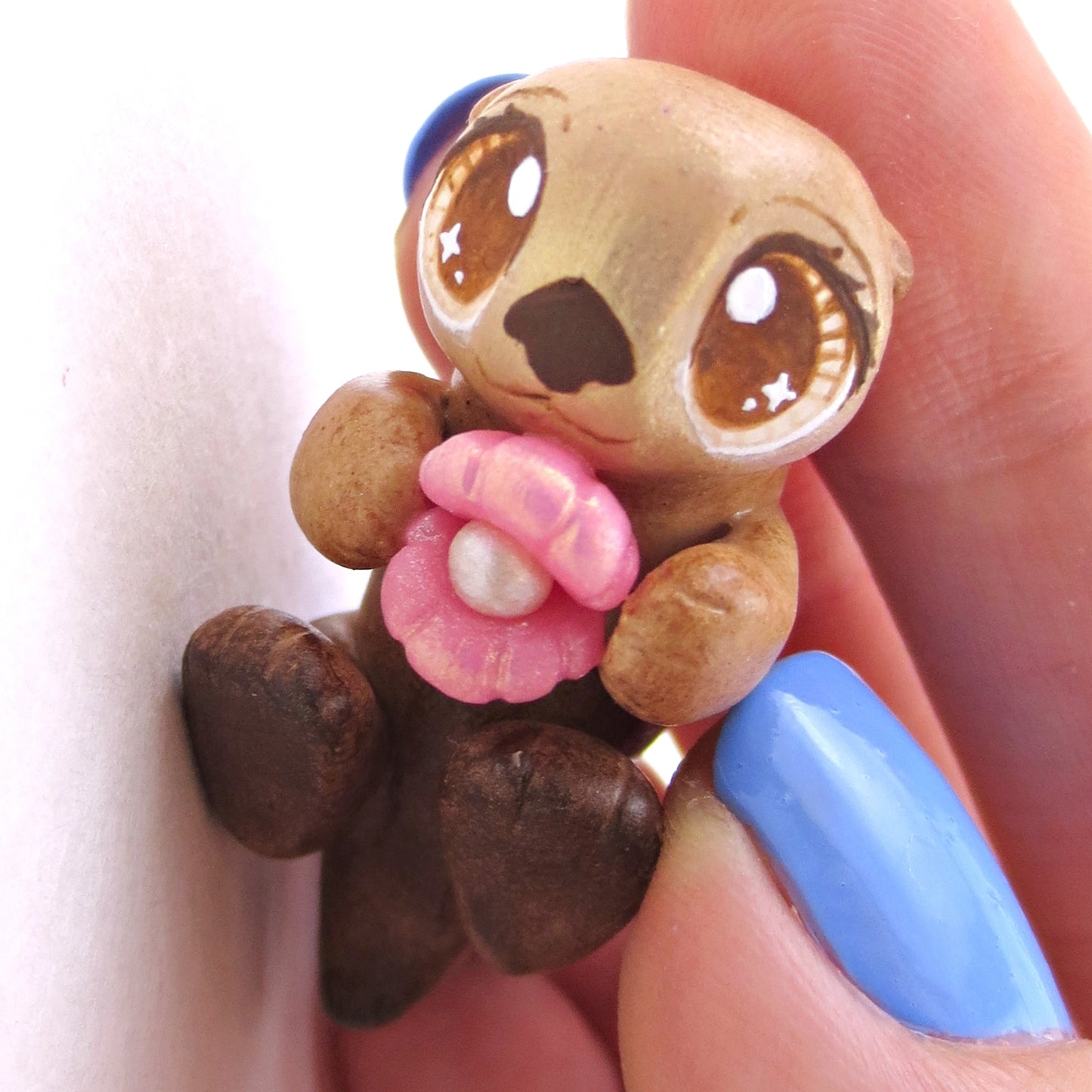 Sea Otter with Pink Seashell Figurine - Polymer Clay Enchanted Ocean Animals