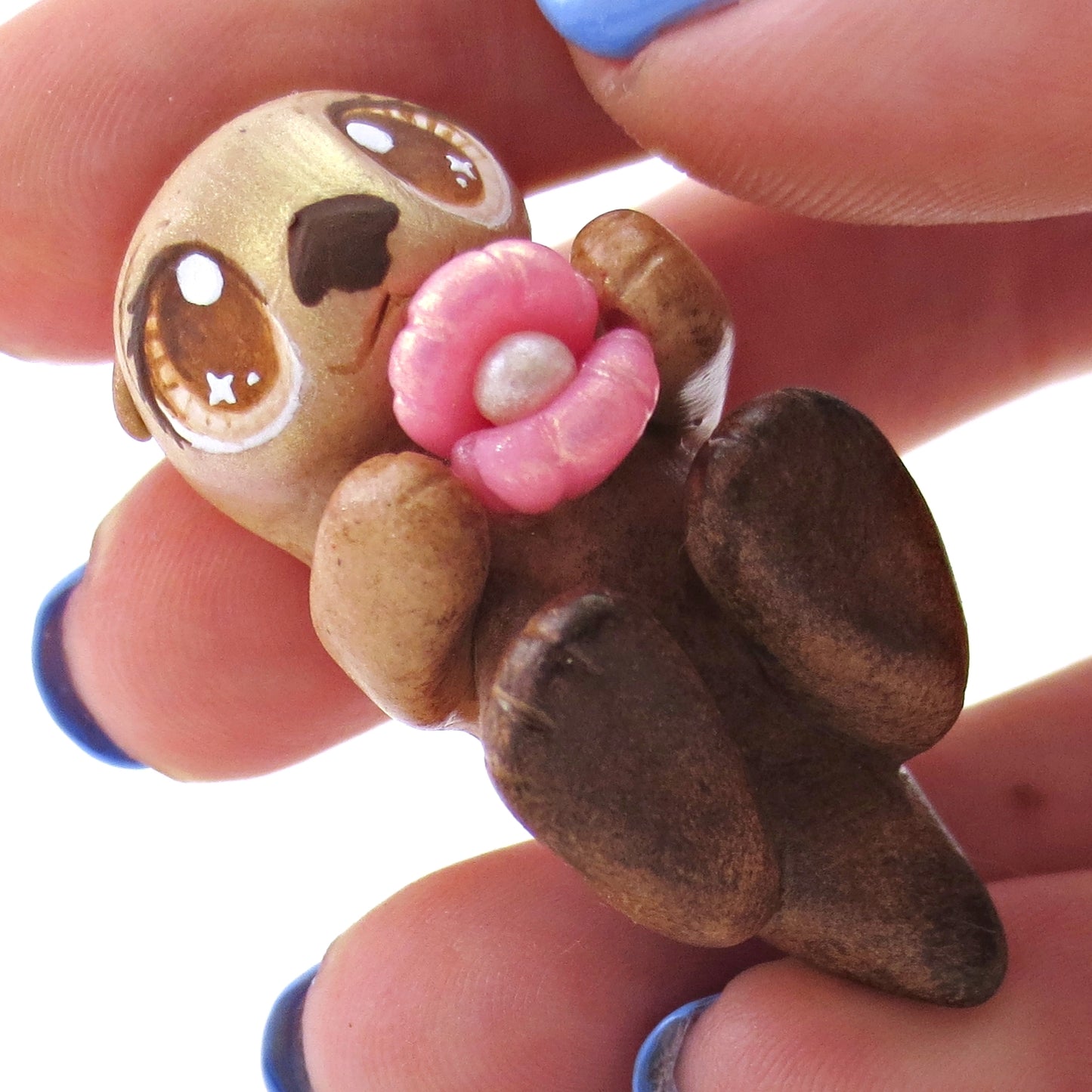 Sea Otter with Pink Seashell Figurine - Polymer Clay Enchanted Ocean Animals