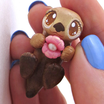 Sea Otter with Pink Seashell Figurine - Polymer Clay Enchanted Ocean Animals