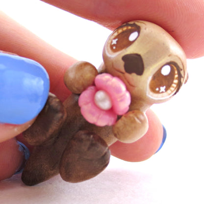 Sea Otter with Pink Seashell Figurine - Polymer Clay Enchanted Ocean Animals