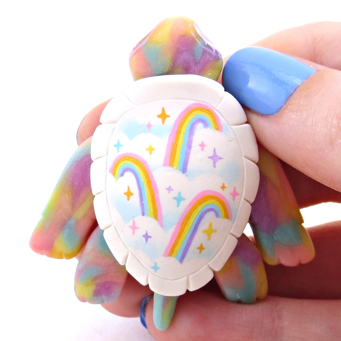 Rainbow and Cloud Shell Turtle Figurine - Polymer Clay Enchanted Ocean Animals