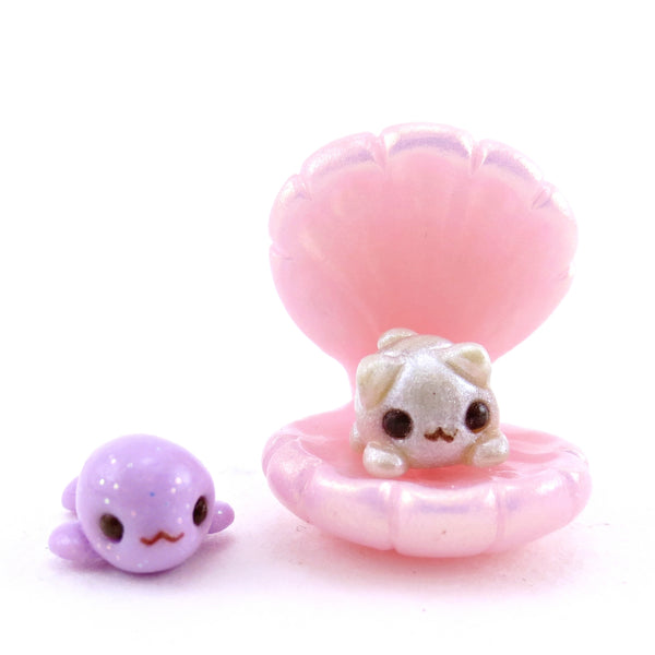 "Purrrrrl" Pearl Cat, Baby Seal, and Seashell Figurine Set - Polymer Clay Enchanted Ocean Animals