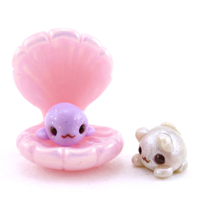 "Purrrrrl" Pearl Cat, Baby Seal, and Seashell Figurine Set - Polymer Clay Enchanted Ocean Animals