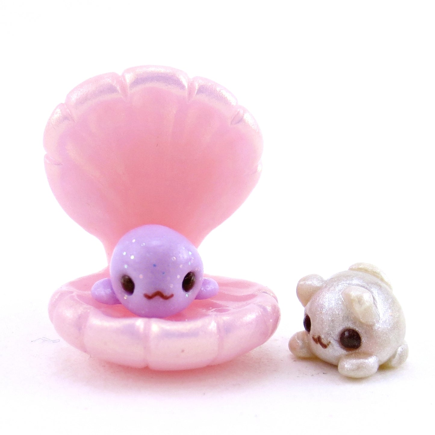 "Purrrrrl" Pearl Cat, Baby Seal, and Seashell Figurine Set - Polymer Clay Enchanted Ocean Animals