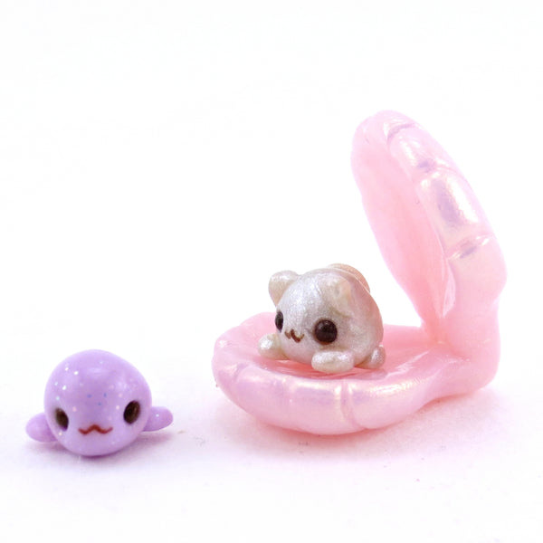 "Purrrrrl" Pearl Cat, Baby Seal, and Seashell Figurine Set - Polymer Clay Enchanted Ocean Animals