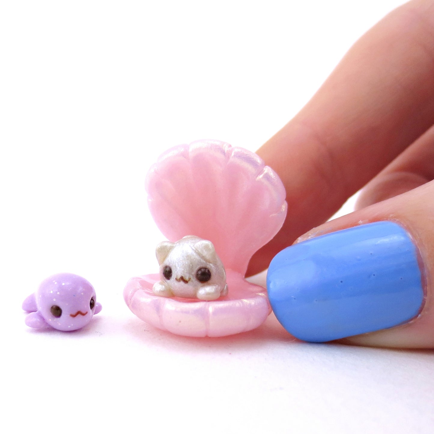 "Purrrrrl" Pearl Cat, Baby Seal, and Seashell Figurine Set - Polymer Clay Enchanted Ocean Animals