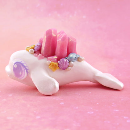 Pink Crystal Seashell Baby Beluga Figurine - Polymer Clay Enchanted Ocean Animals