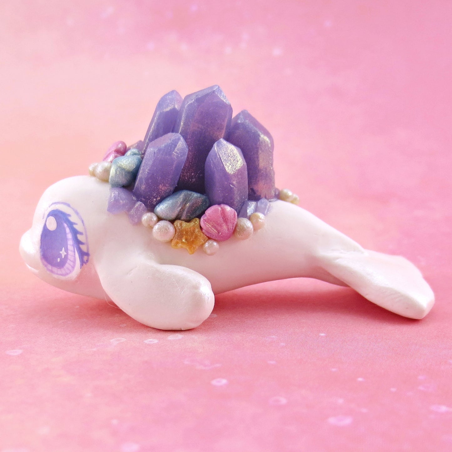 Purple Crystal Seashell Baby Beluga Figurine - Polymer Clay Enchanted Ocean Animals