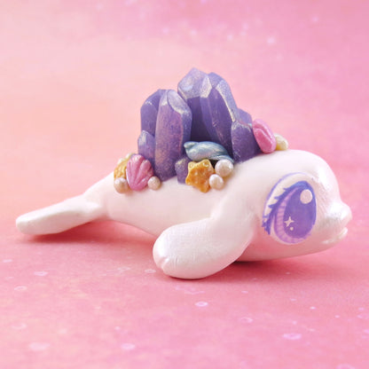 Purple Crystal Seashell Baby Beluga Figurine - Polymer Clay Enchanted Ocean Animals