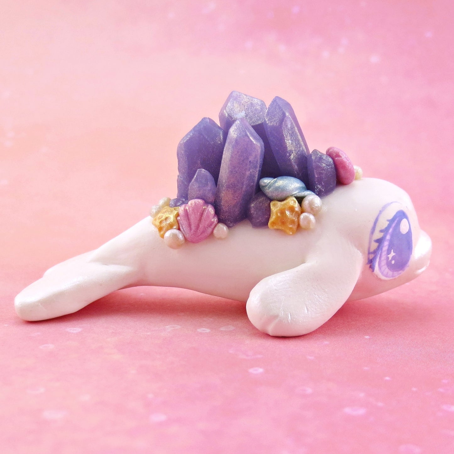 Purple Crystal Seashell Baby Beluga Figurine - Polymer Clay Enchanted Ocean Animals