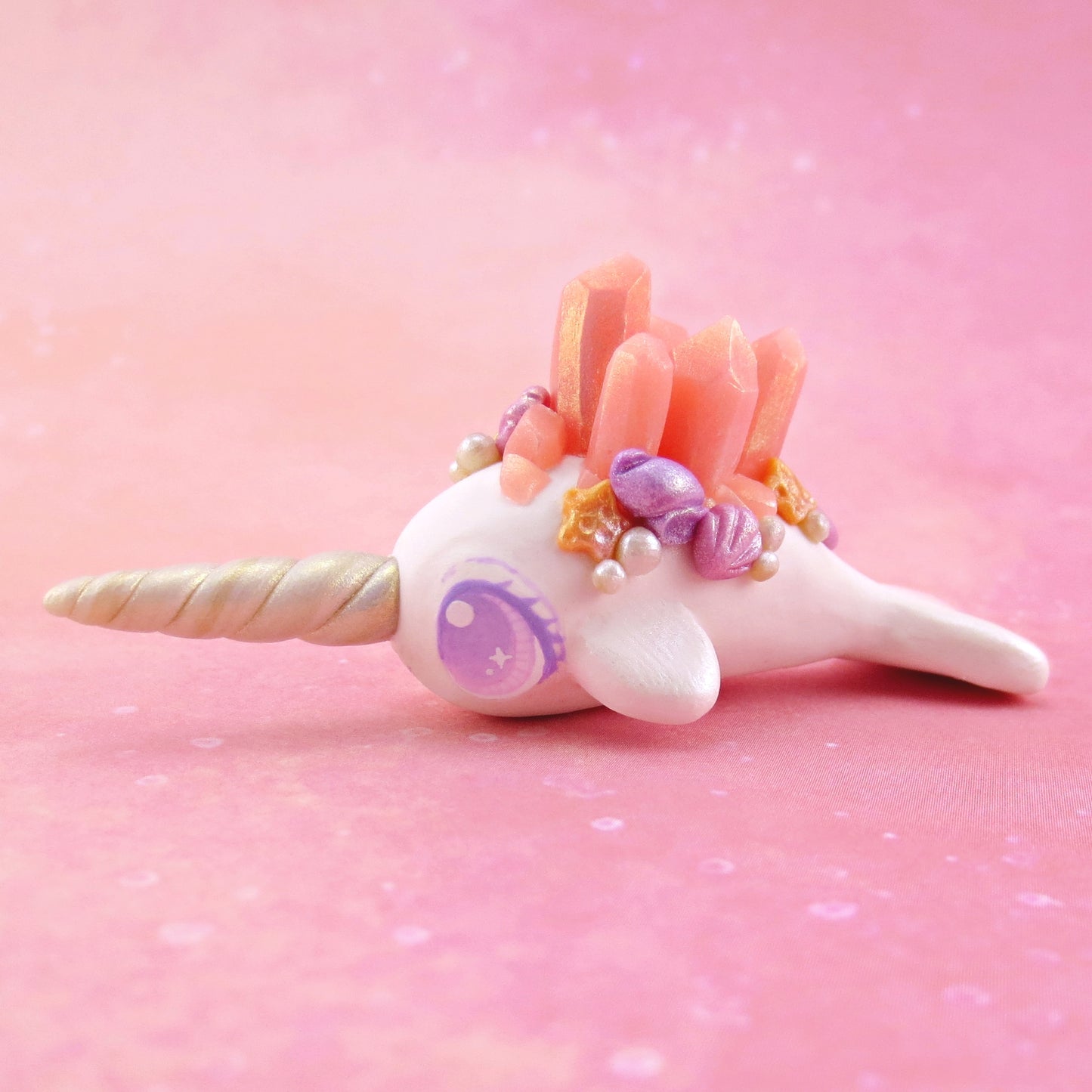 Peachy Pink Crystal Seashell Narwhal Figurine - Polymer Clay Enchanted Ocean Animals