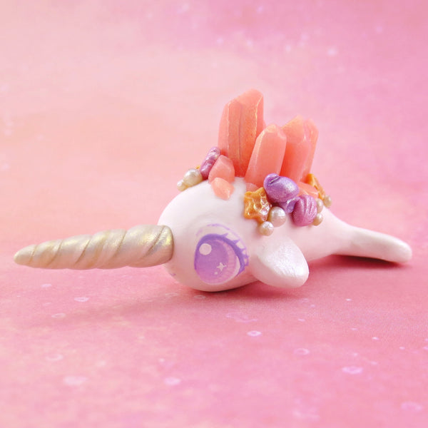 Peachy Pink Crystal Seashell Narwhal Figurine - Polymer Clay Enchanted Ocean Animals
