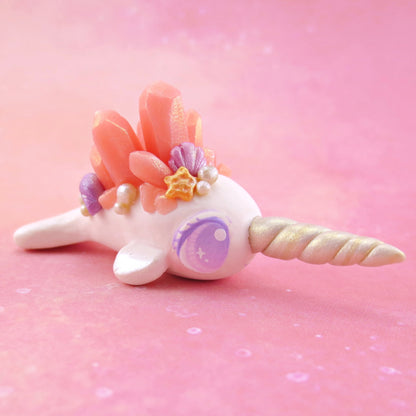 Peachy Pink Crystal Seashell Narwhal Figurine - Polymer Clay Enchanted Ocean Animals