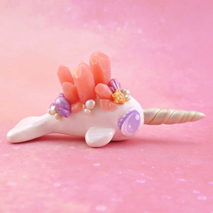 Peachy Pink Crystal Seashell Narwhal Figurine - Polymer Clay Enchanted Ocean Animals