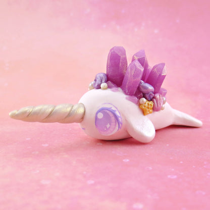 Purple Crystal Seashell Narwhal Figurine - Polymer Clay Enchanted Ocean Animals