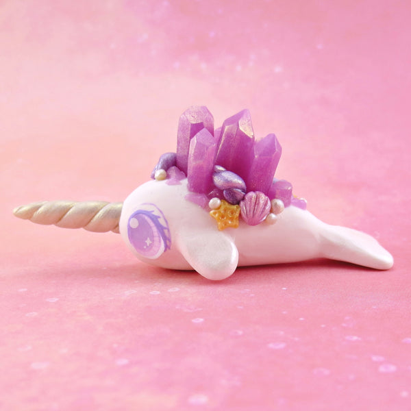 Purple Crystal Seashell Narwhal Figurine - Polymer Clay Enchanted Ocean Animals