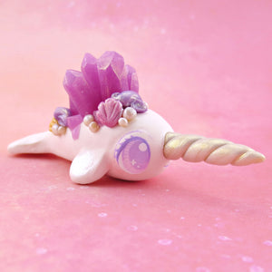 Purple Crystal Seashell Narwhal Figurine - Polymer Clay Enchanted Ocean Animals