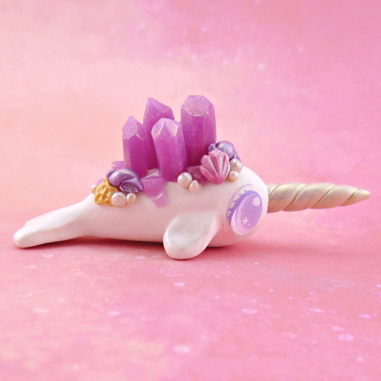 Purple Crystal Seashell Narwhal Figurine - Polymer Clay Enchanted Ocean Animals