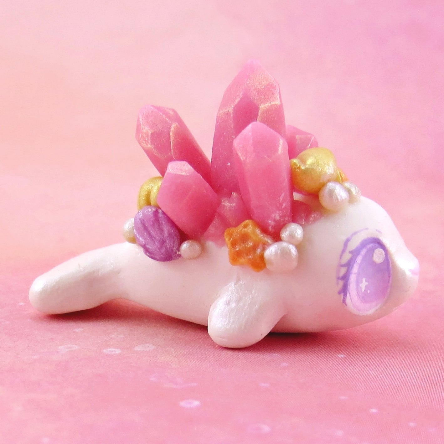 Pink Crystal Seashell Little Seal Figurine - Polymer Clay Enchanted Ocean Animals