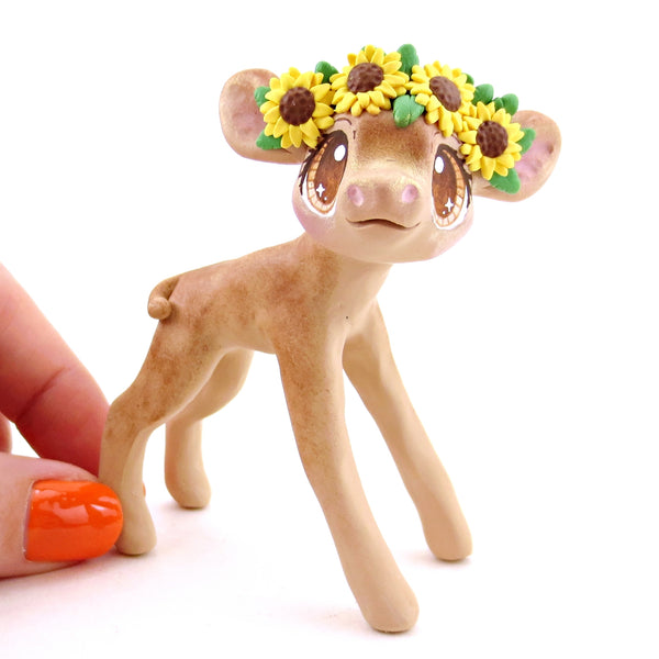 Sunflower Jersey Cow Figurine - Polymer Clay Cottagecore Fall Animal Collection