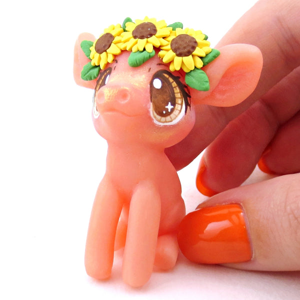 Sunflower Piglet Figurine - Polymer Clay Cottagecore Fall Animal Collection