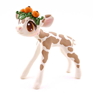 Pumpkin Crown Holstein Cow Figurine - Polymer Clay Cottagecore Fall Animal Collection