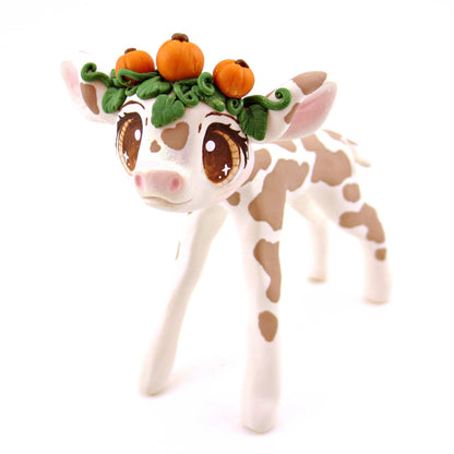 Pumpkin Crown Holstein Cow Figurine - Polymer Clay Cottagecore Fall Animal Collection