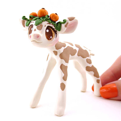 Pumpkin Crown Holstein Cow Figurine - Polymer Clay Cottagecore Fall Animal Collection