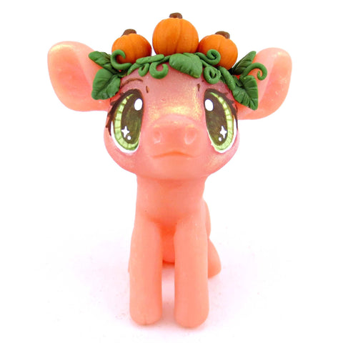 Pumpkin Crown Piglet Figurine - Polymer Clay Cottagecore Fall Animal Collection