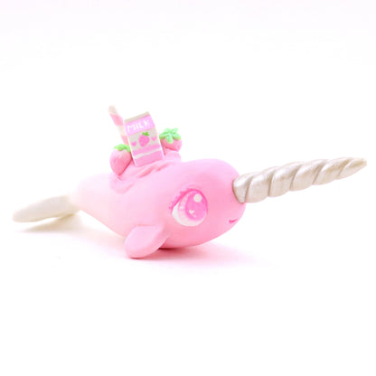 Strawberry Milk Narwhal Figurine - Polymer Clay Food and Dessert Animals