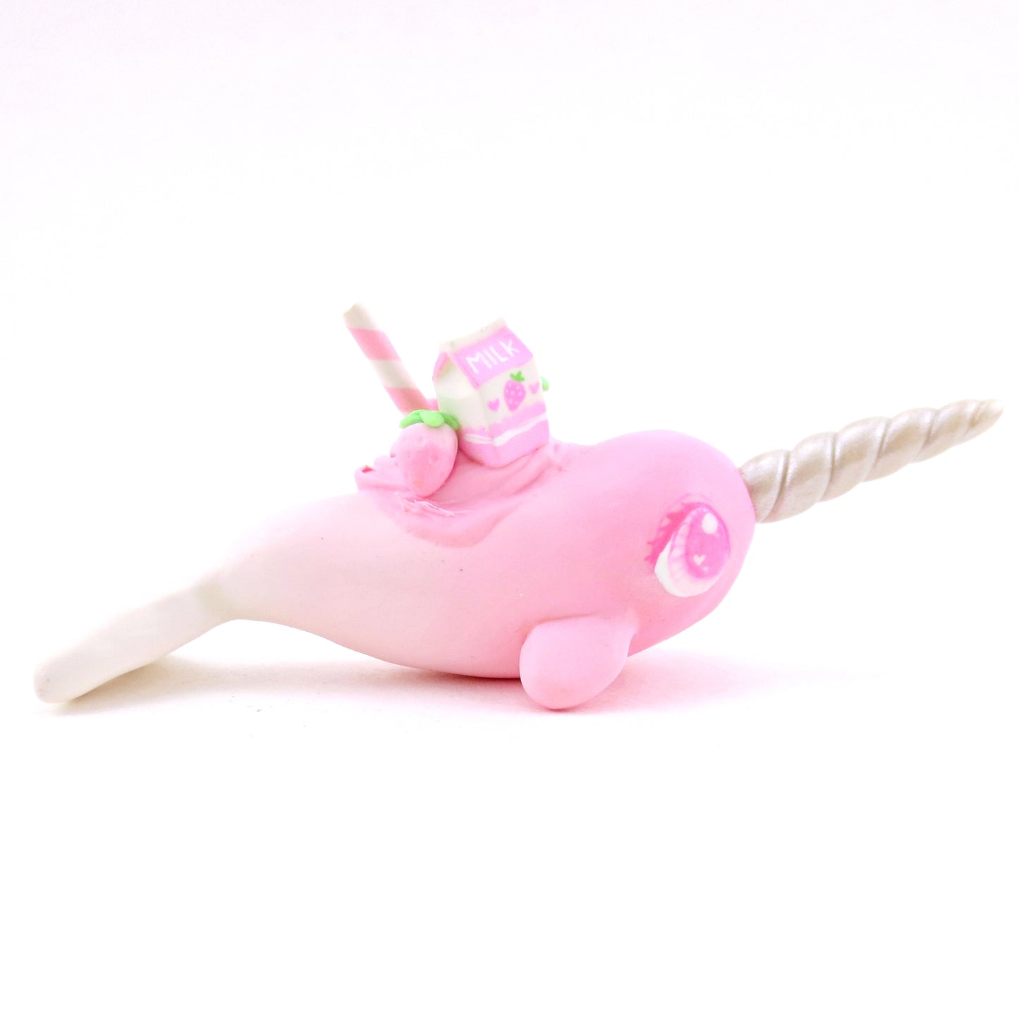 Strawberry Milk Narwhal Figurine - Polymer Clay Food and Dessert Animals