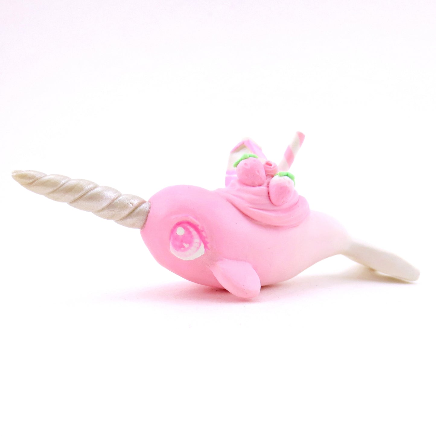 Strawberry Milk Narwhal Figurine - Polymer Clay Food and Dessert Animals