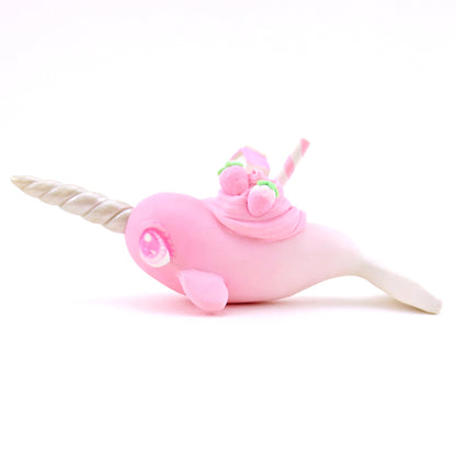 Strawberry Milk Narwhal Figurine - Polymer Clay Food and Dessert Animals