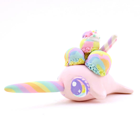 Rainbow Swirl Ice Cream Narwhal Figurine - Polymer Clay Food and Dessert Animals