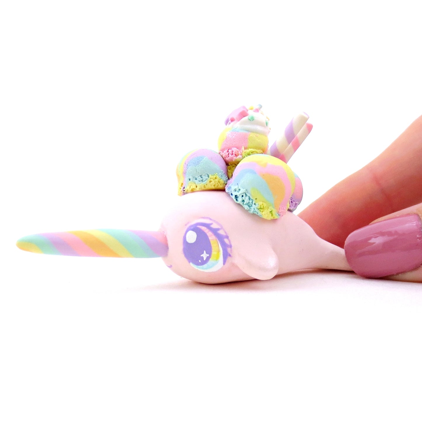 Rainbow Swirl Ice Cream Narwhal Figurine - Polymer Clay Food and Dessert Animals