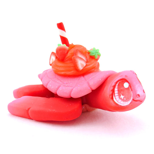 Strawberry Smoothie Turtle Figurine - Polymer Clay Food and Dessert Animals