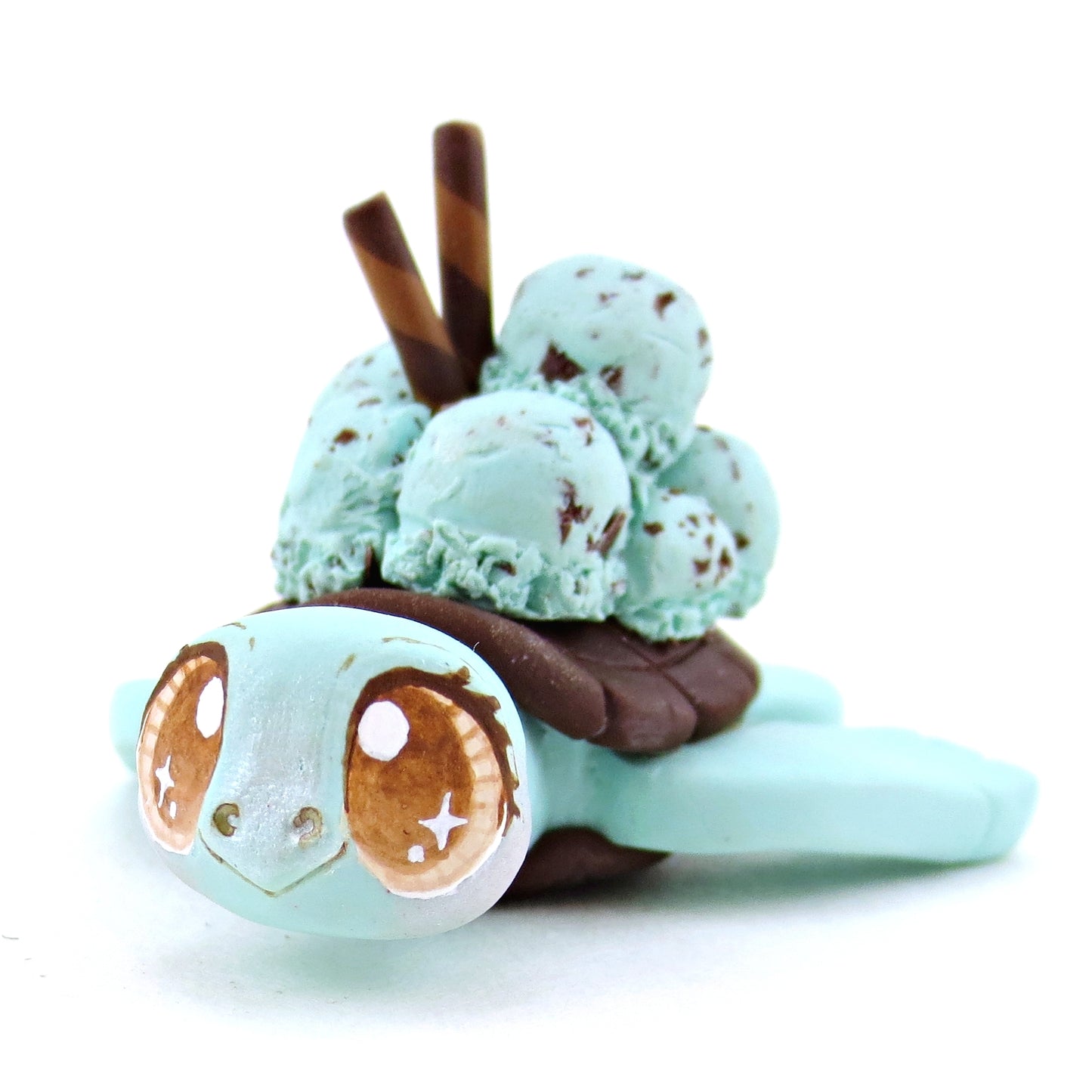 Mint Chocolate Chip Ice Cream Turtle Figurine - Polymer Clay Food and Dessert Animals