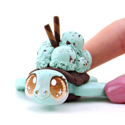 Mint Chocolate Chip Ice Cream Turtle Figurine - Polymer Clay Food and Dessert Animals