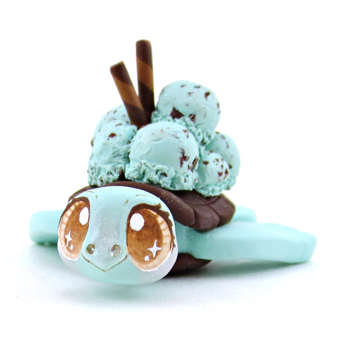 Mint Chocolate Chip Ice Cream Turtle Figurine - Polymer Clay Food and Dessert Animals