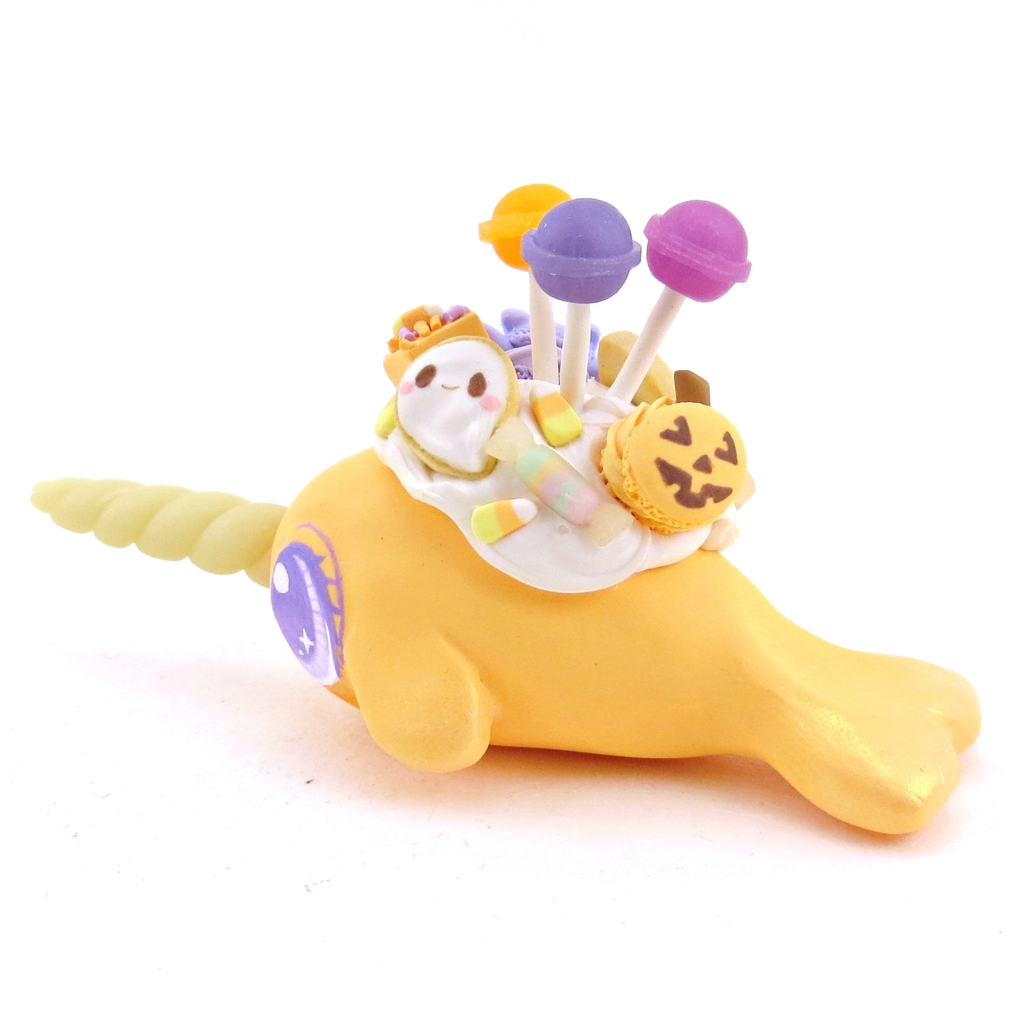 Orange Halloween Treat Dessert Narwhal Figurine - Polymer Clay Halloween Animals